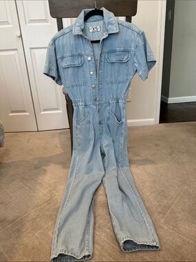 Free People Light Blue Denim Short-Sleeve Jumpsuit